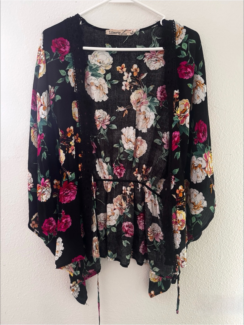 Liberty Love Black Floral Tie-Front Kimono Top
